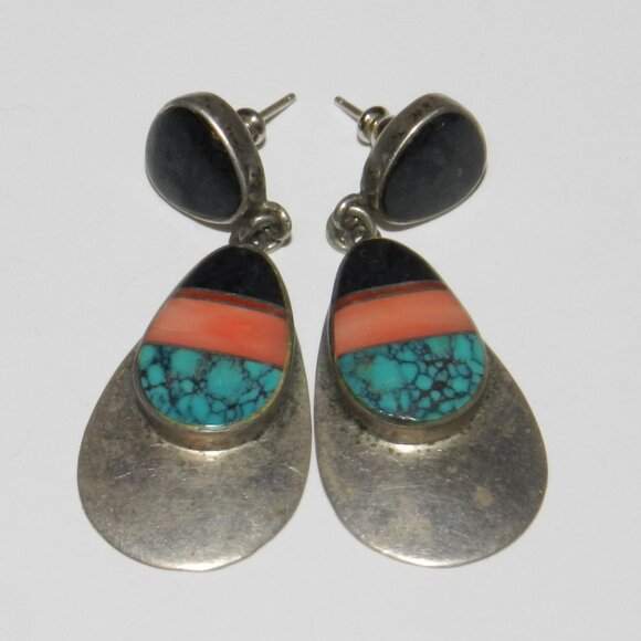 Navajo John Charley Silver 925 - Turquoise Lapis Inlay Earrings 13.3g - Picture 9 of 11